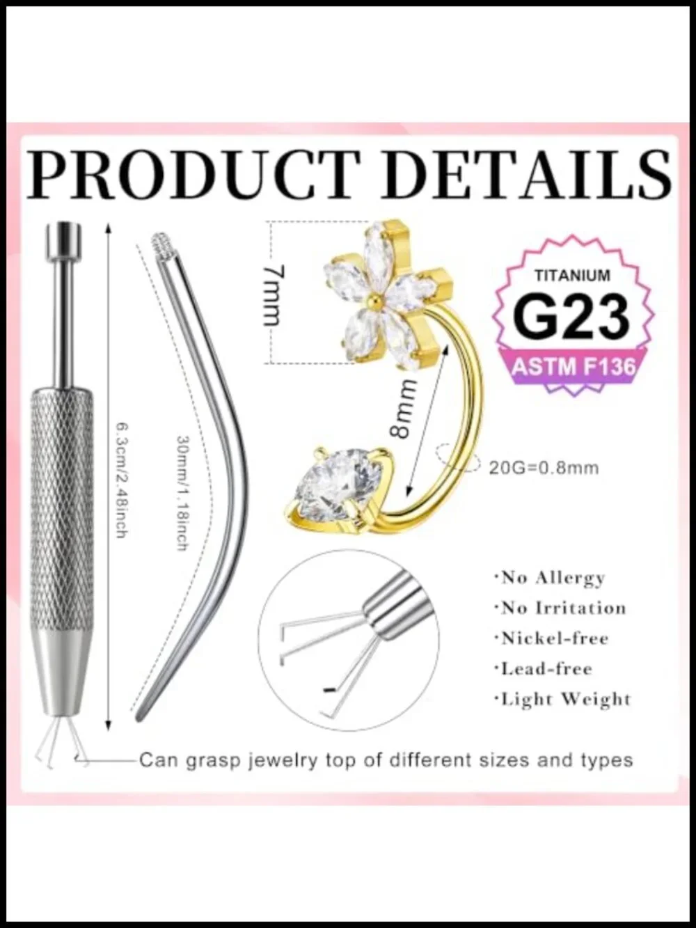 G23 Titanium Flower Horseshoe Nose Ring 16G 18G 20G 8mm with CZ Charm